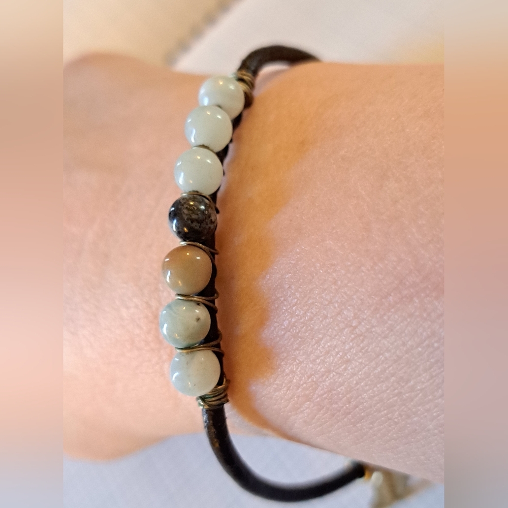 Chic Stone Beaded Leather Cord Bracelet with Earthy Tones By Envious